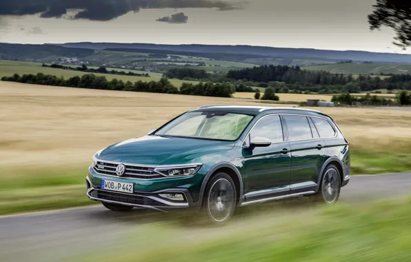 Картинка скорость, Volkswagen, универсал, Passat, тёмно-зелёный, Alltrack, 2019
