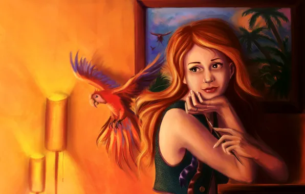 Взгляд, девушка, свет, комната, картина, арт, попугай, рыжая