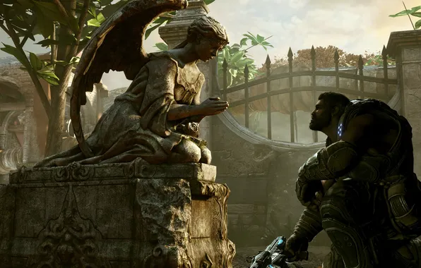 Картинка солдат, мужчина, статуя, Gears of War 3