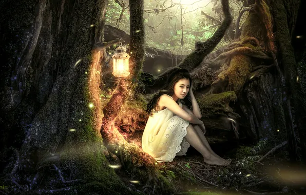 Картинка лес, девушка, деревья, фонарь