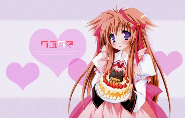 Сердечки, рыжая, розовый фон, большие глаза, Tayutama-Kiss on my Deity, visual novel, клубничный торт, by …