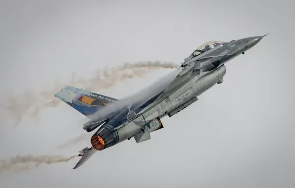 Небо, самолёт, боевой, серое небо, F-16A