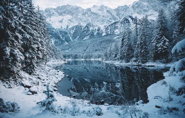 Картинка зима, лес, снег, горы, природа, озеро