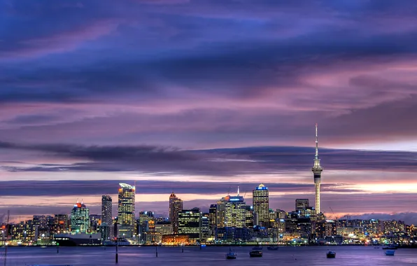 Картинка небо, city, город, огни, небоскребы, Новая Зеландия, сумерки, sky
