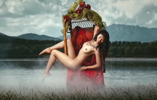 Трава, вода, девушка, природа, туман, кресло, брюнетка, татуировка