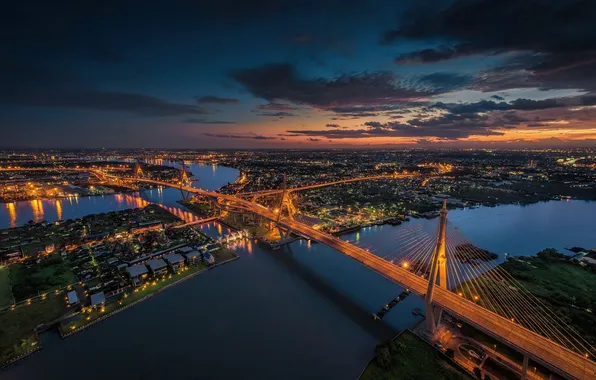 Закат, огни, Таиланд, Бангкок, сумерки, мост Махидол