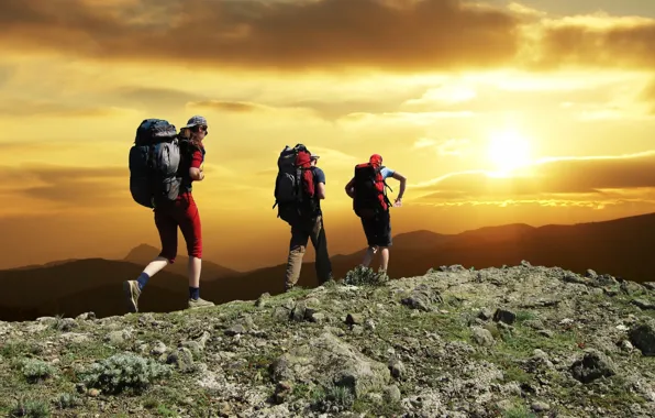 Sunset, men, climb