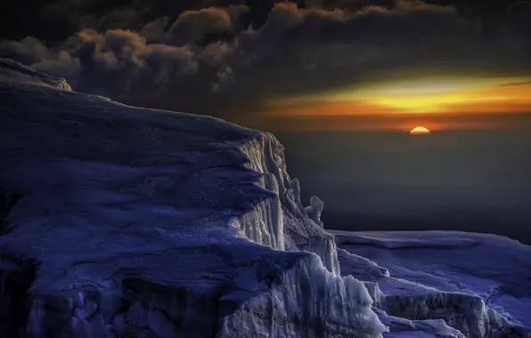 Картинка небо, облака, восход, рассвет, льды, Килиманджаро, Танзания