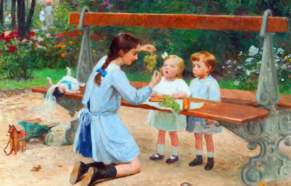 Скамейка, Дети, Картина, Виноград, Трое, Victor Gabriel Gilbert, Виктор Габриэль Жильберт, Французский живописец