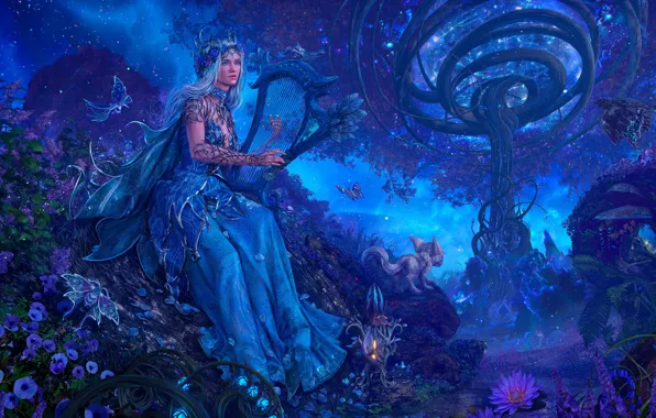 Картинка звезды, бабочки, цветы, магия, планеты, растения, Warcraft, magic