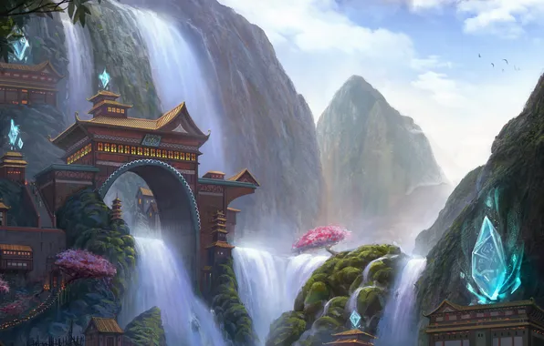 Картинка город, скалы, водопад, арка, кристаллы, League Of Legends