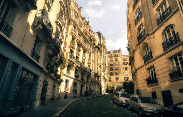 Картинка дорога, машины, город, улица, Франция, Париж, окна, здания
