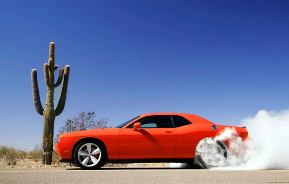 Дым, Dodge Challenger, красная машина