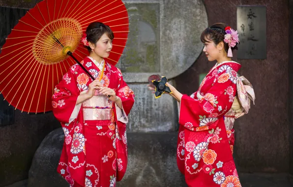 Стиль, девушки, две, японки, зонт, кимоно, в красном, азиатки