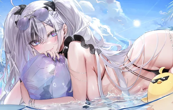 Море, небо, девушка, игра, цыпленок, Elbe, Azur Lane, Manjuu