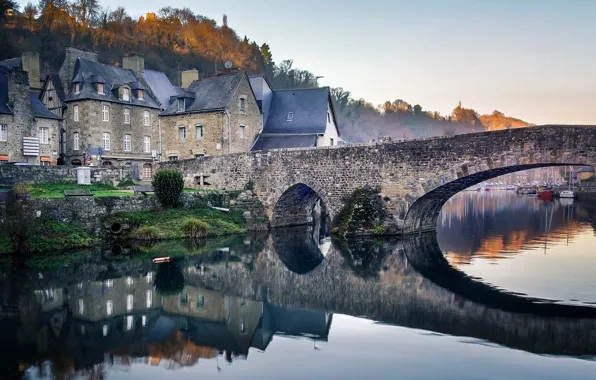 Осень, деревья, мост, река, Франция, дома, Brittany, Port de Dinan