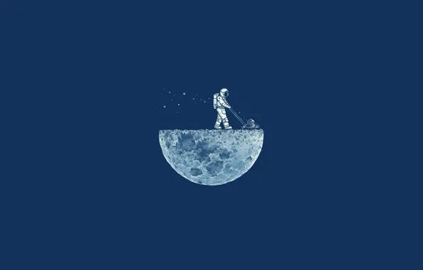 Картинка Минимализм, Луна, Космонавт, Moon, Blue, Газонокосилка