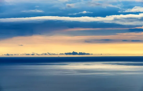 Sky, sea, ocean, sunset, seascape, clouds, ship, horizon