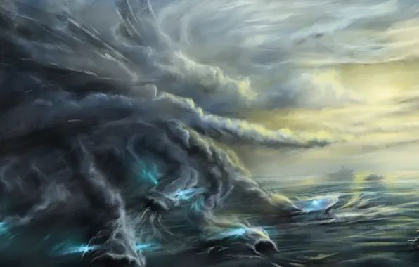 Картинка море, туман, фантастика, океан, корабль, живопись, демоны