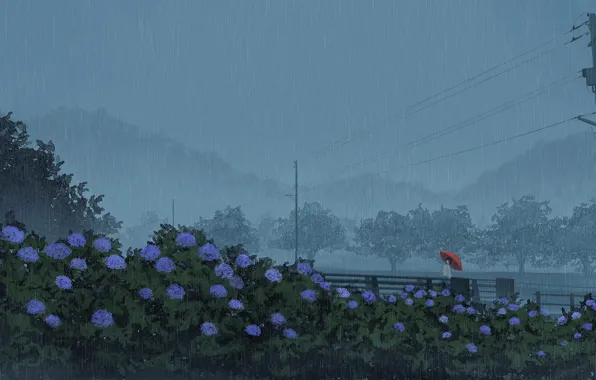 Картинка девушка, цветы, дождь, зонт, гортензия