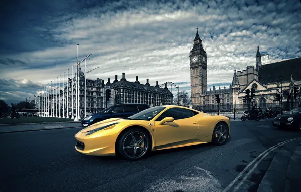 Картинка Лондон, Феррари, Желтая, Италия, Ferrari, 458, Биг Бен, London