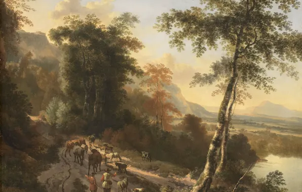 Масло, картина, холст, 1685, Ян Гакарт, Jan Hackaert, Пейзаж с Погонщиками Скота