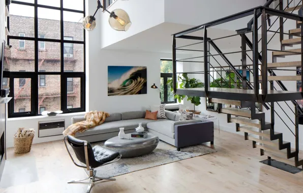 Дизайн, стиль, интерьер, лестница, Нью Йорк, мегаполис, гостиная, SoHo Duplex