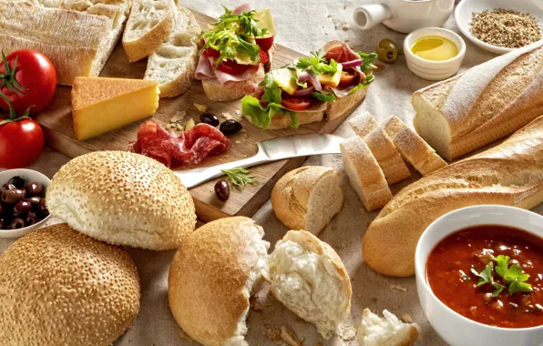 Сыр, хлеб, бутерброд, колбаса, выпечка, маслины