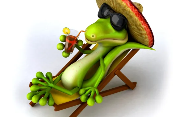 Отдых, релакс, шляпа, крокодил, очки, шезлонг, коктейль, курорт