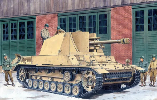 Картинка war, art, painting, tank, ww2, leFH18/40/2 (Sf) auf G.W. Pz.Kpfw.III/IV