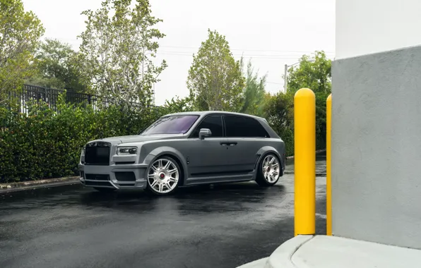 Картинка Rolls Royce, Green, Rain, Summer, SUV, Asphalt, Nardo gray, Cullinan