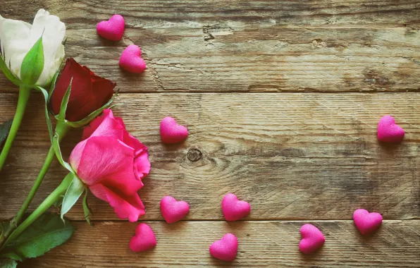 Розы, сердечки, love, wood, pink, romantic, hearts, Valentine's Day