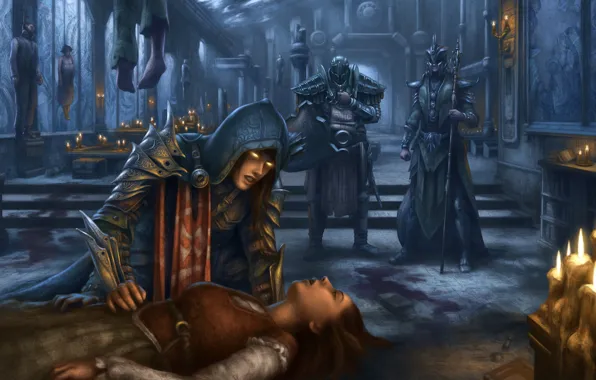 Картинка девушка, смерть, замок, свечи, арт, трупы, Diablo III, Reaper of Souls