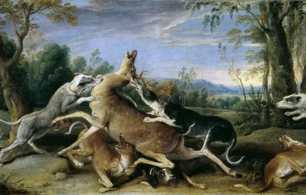 Картинка собака, олень, охота, живопись, Арт, золотой век