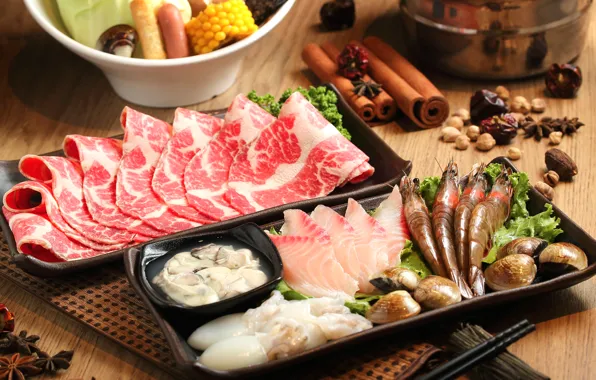 Рыба, мясо, корица, креветки, морепродукты, специи, японская кухня, блюда