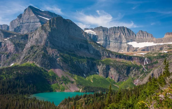 Лес, небо, горы, озеро, Монтана, США, glacier national park