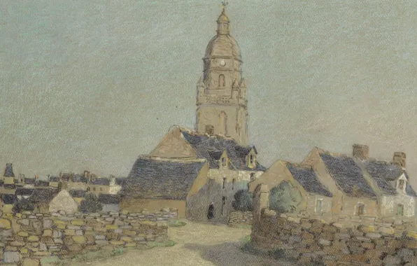 Улица, забор, дома, картина, городской пейзаж, Ferdinand du Puigaudeau, Фердинанд дю Пюигадо, Колокольня в Круазике
