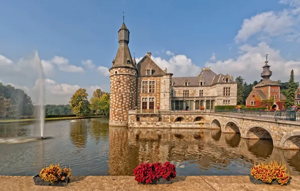 Вода, цветы, мост, замок, фонтан, Бельгия, Belgium, ров