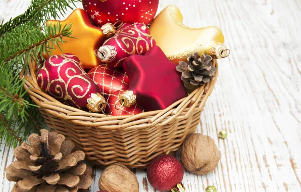 Украшения, шары, корзина, Новый Год, Рождество, Christmas, balls, decoration