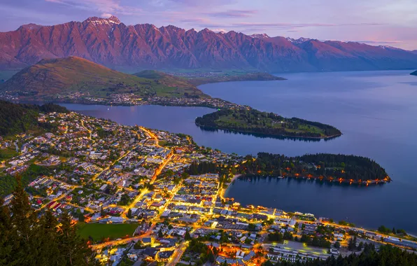 Lights, coast, New Zealand, sunset, mountains, Queenstown, gulf, town