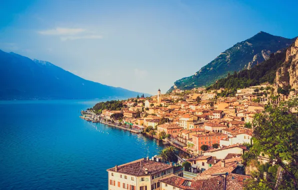 Море, озеро, дома, Италия, Гарда, Parco dell'Alto Garda Bresciano