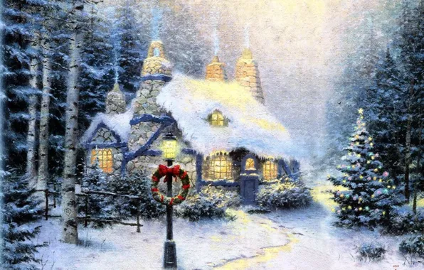 Картинка пейзаж, зимний, окна, картина, Рождество, украшение, гирлянда, живопись