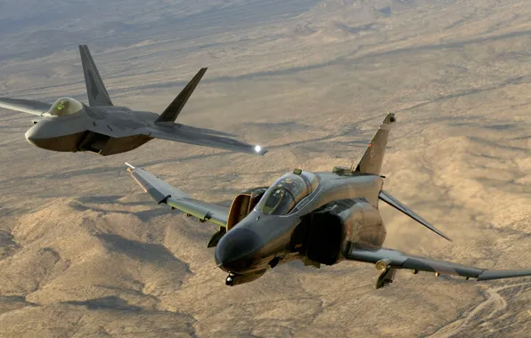Картинка Самолет, Пустыня, Высота, Полёт, F-22, Raptor, F-4, Phantom II