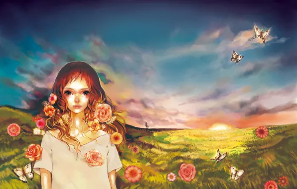 Картинка поле, лето, небо, девушка, бабочки, цветы, рассвет, волосы