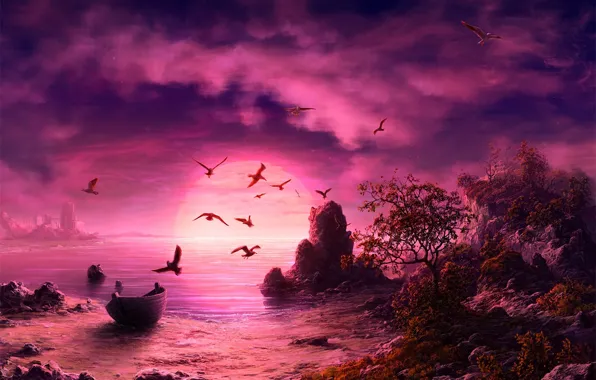 Картинка море, закат, чайки