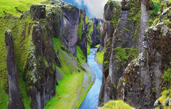 Зелень, река, скалы, каньон, Исландия, canyon, Fjadrargljufur