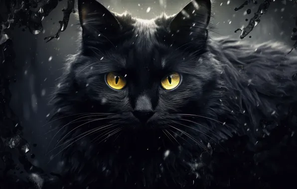 Зима, кошка, кот, усы, взгляд, морда, капли, снег