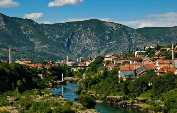 Картинка пейзаж, горы, здания, Босния и Герцеговина, Mostar, река Неретва, Мостар, Neretva River