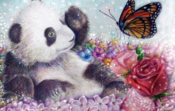 Цветы, бабочка, роза, медведь, арт, панда