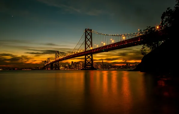 Lights, bridge, water, night, San Francisco